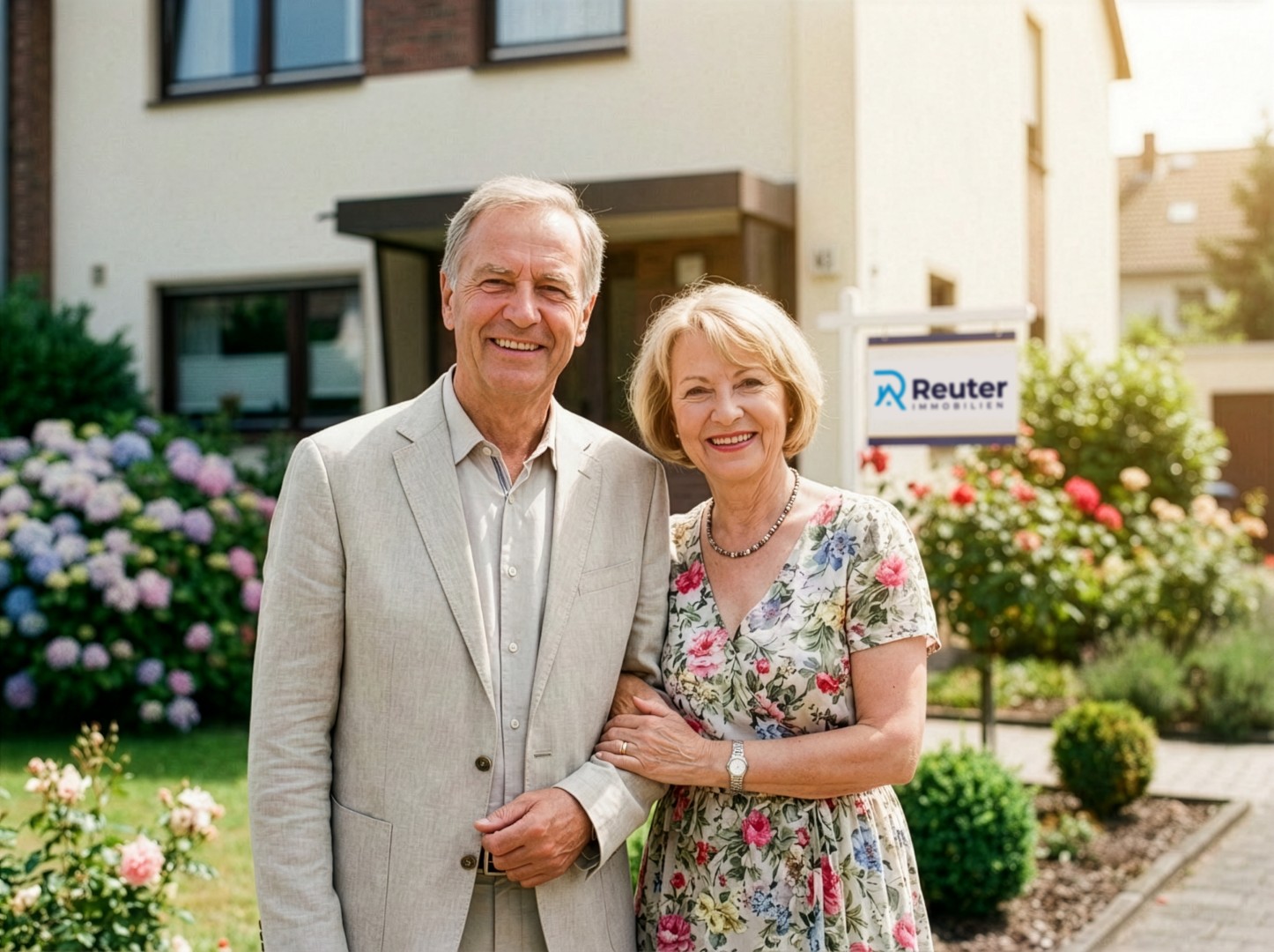 Ehepaar vor seinem verkauften Haus mit Reuter-Immobilien-Schild